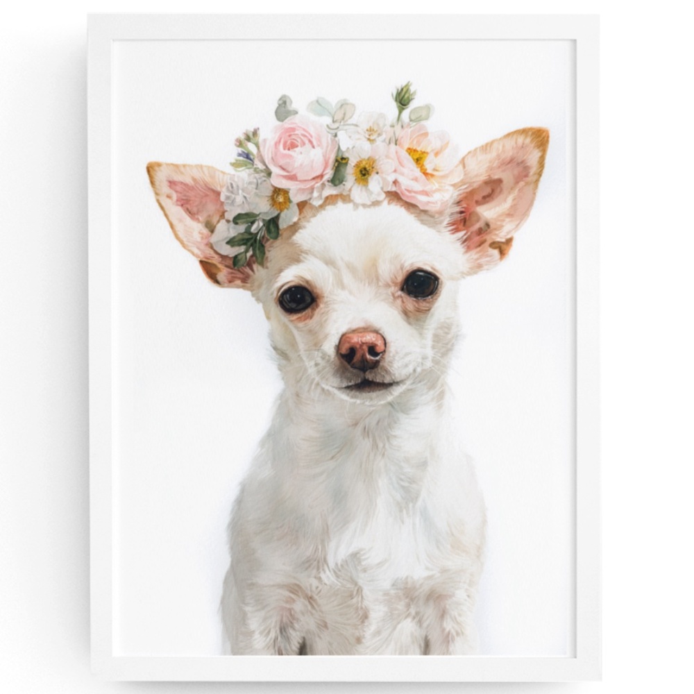 Watercolor White Chihuahua with Flowers Portrait Wall Art Print Poster Unframed